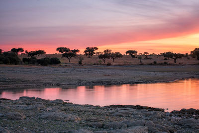 Scenic view of lake against orange sky