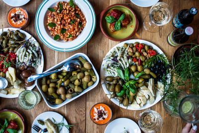 High angle view of food variety on table