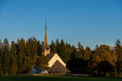 View of trees and building against blue sky