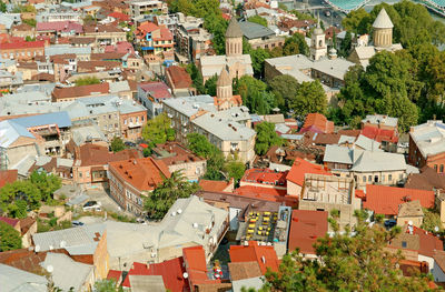 Amazing aerial view of the old tbilisi with many of orthodox churches, georgia