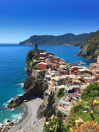 High angle view of sea against clear blue sky