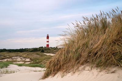 Panoramic image of the wittduen lighthouse at sunset, amrum, germany