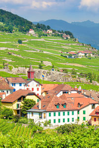 Houses in town against sky