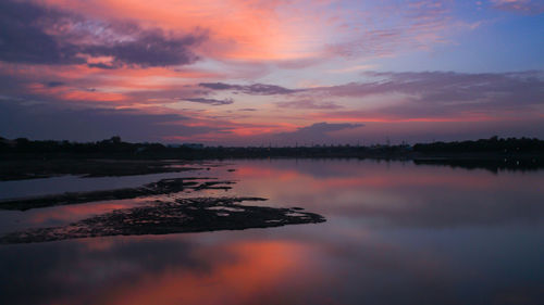 Scenic view of lake against sky during sunset