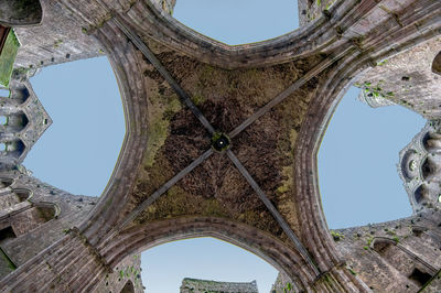 Low angle view of old ruin building against sky