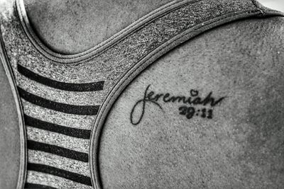 High angle view of text on shoes