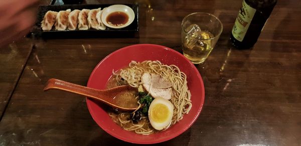 High angle view of food served on table