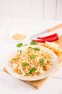 High angle view of food served in plate on table