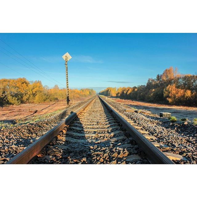 the way forward, diminishing perspective, railroad track, vanishing point, transportation, landscape, rail transportation, sky, tranquility, tranquil scene, straight, clear sky, field, nature, blue, tree, long, electricity pylon, transfer print, auto post production filter