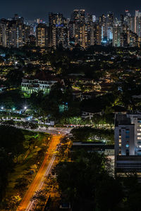 High angle view of illuminated buildings in city at night