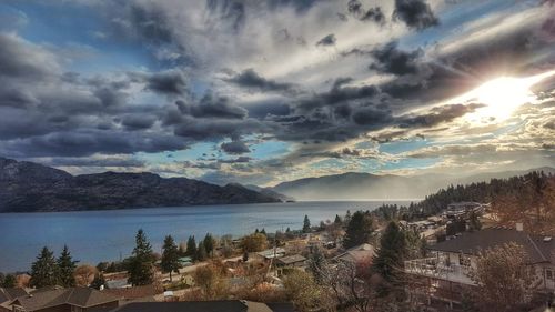 Panoramic shot of sea and cityscape against sky
