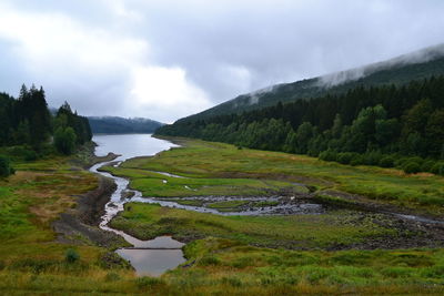 Scenic view of river by landscape against sky