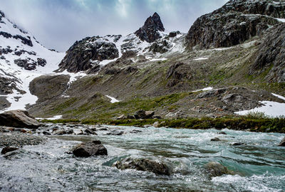 Scenic view of stream against sky during winter