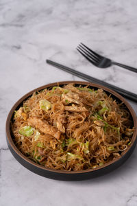 High angle view of food in bowl on table