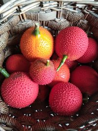 High angle view of strawberries in basket