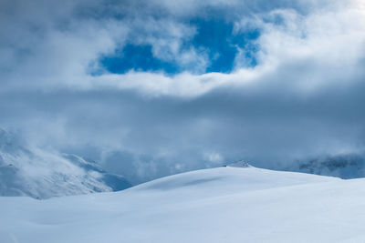 Scenic view of snow covered mountains against sky