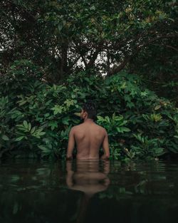 Rear view of shirtless man standing by lake in forest