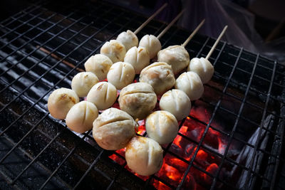 High angle view of vegetables on barbecue grill