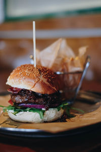 Close-up of burger in plate on table