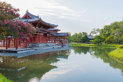 Temple by lake and building against sky