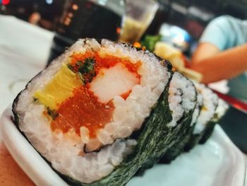 Close-up of sushi served in plate