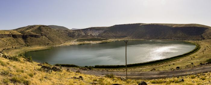 Scenic view of lake and mountains against clear sky