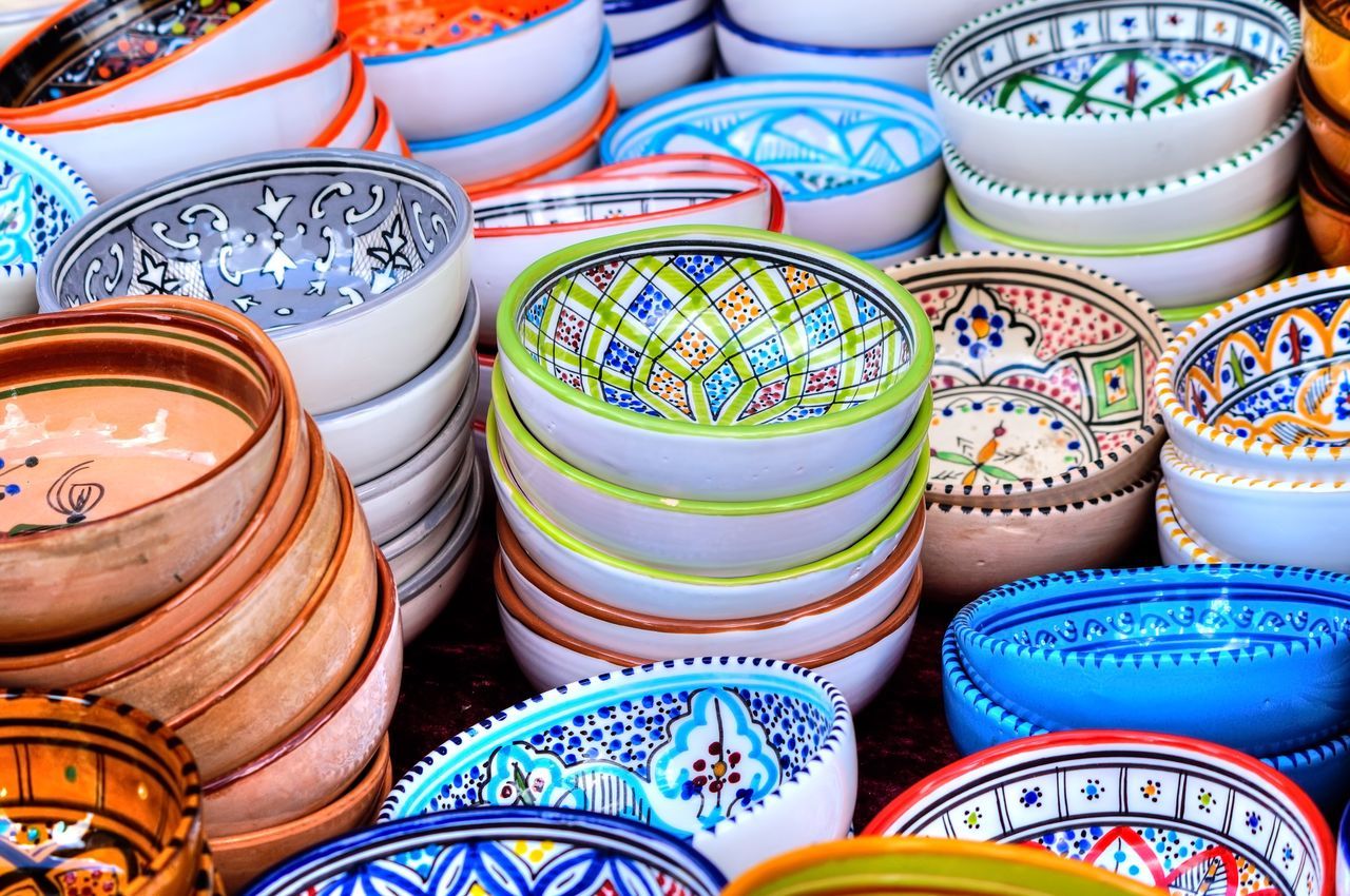 High angle view of bowls for sale at market stall