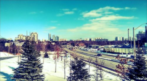 View of cityscape against clear sky