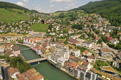 High angle view of buildings in city