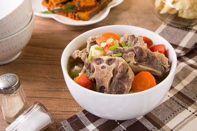 High angle view of soup in bowl