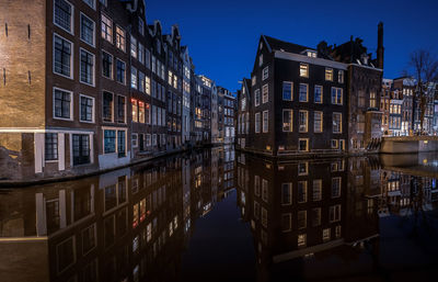 Reflection of buildings in canal at dusk
