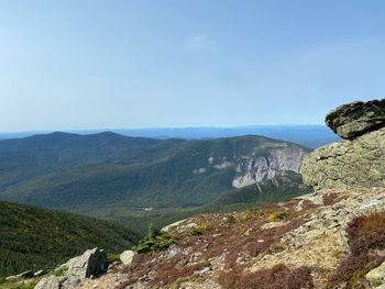 Scenic view of landscape and mountains against clear blue sky