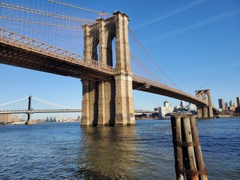 View of suspension bridge against blue sky