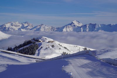 Scenic view of snow covered mountains against sky