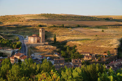 High angle view of buildings in city against sky