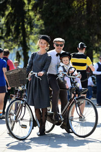 High angle view of people riding bicycle