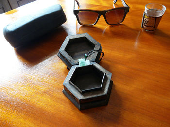 High angle view of camera on table