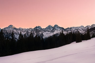 Scenic view of snow mountains against clear sky