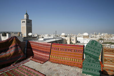 Panoramic view of buildings in city against clear sky