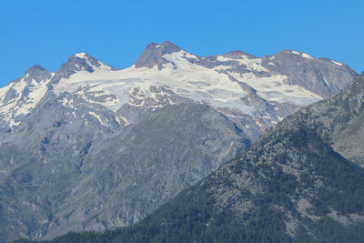 Scenic view of snowcapped mountains against clear blue sky