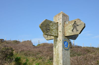 Information sign on field against clear blue sky