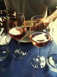 Close-up of wine glasses on table in restaurant