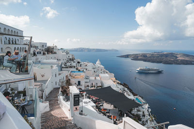 High angle view of boats in sea against sky