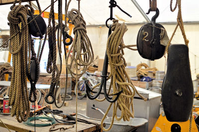 Close-up of clothes hanging on rope