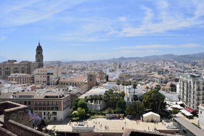 High angle view of buildings in city