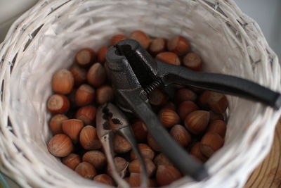 High angle view of eggs in basket