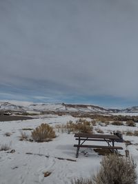 Snow covered landscape against sky