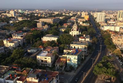 High angle view of city street amidst buildings