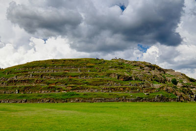 Scenic view of grassy field against sky