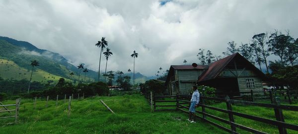 Rear view of man on field against sky